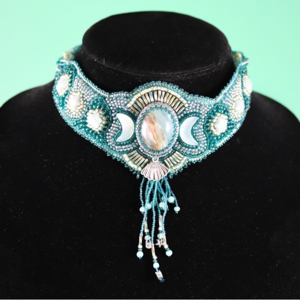 Extra Small Gemstone Choker / Bead Embroidered